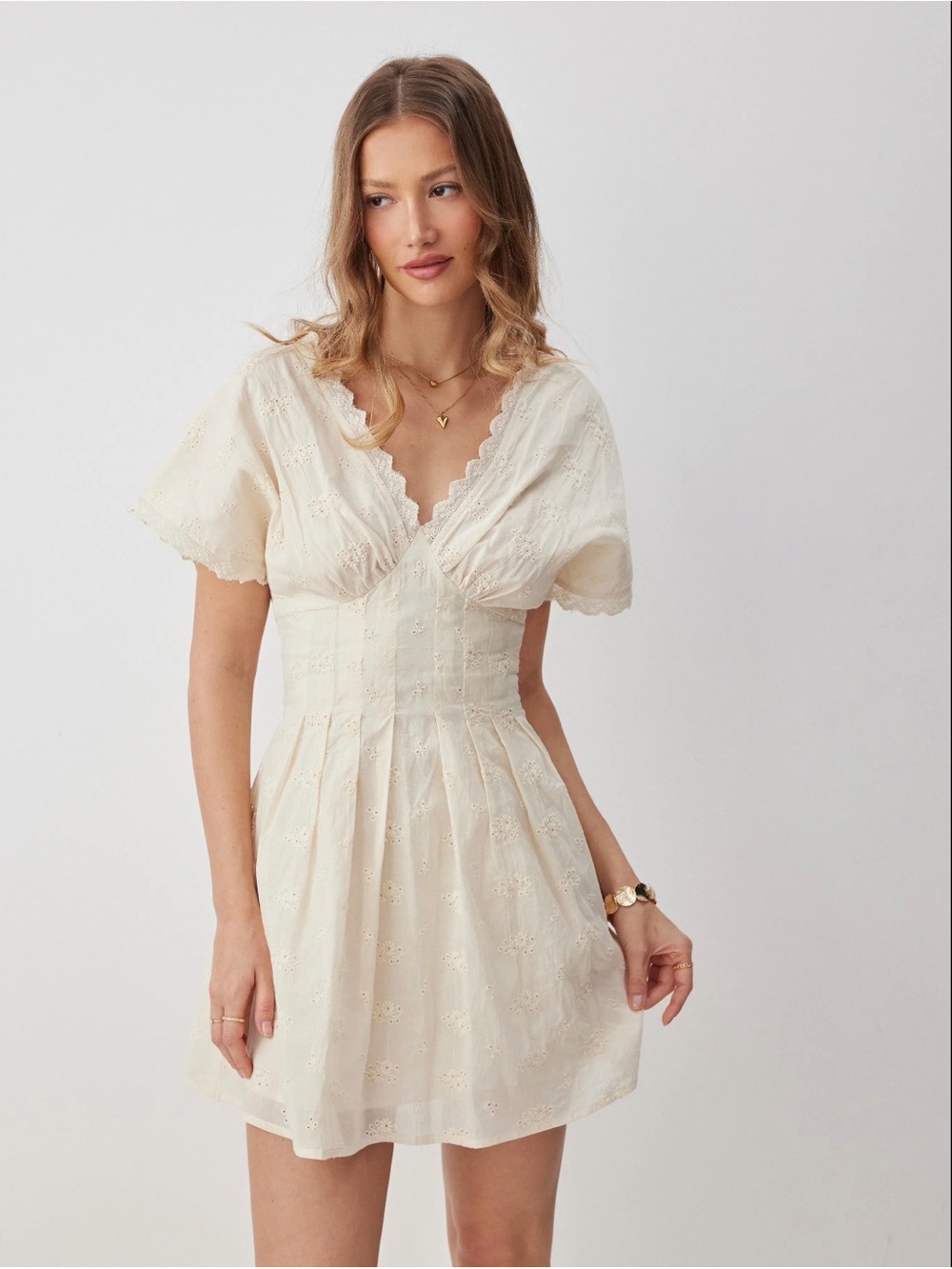 NWT Cider Cream Eyelet V-Neck Mini Dress with FLAW